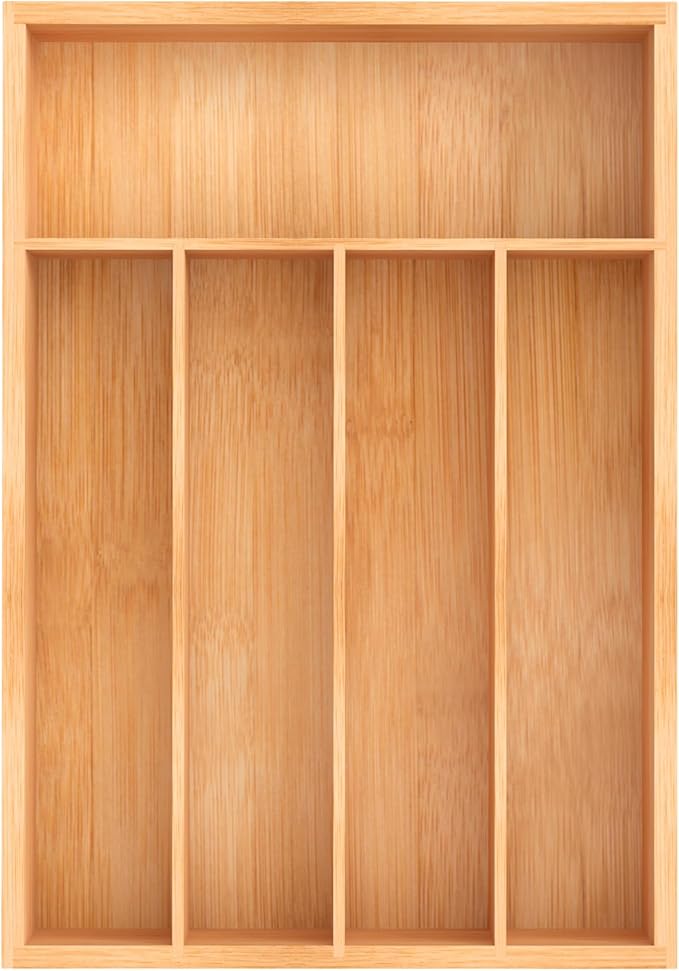 Bamboo Utensil Drawer Organizer, Kitchen Organizer for Flatware Cutlery, Silverware Tray for Drawer (5 Slots, Natural)