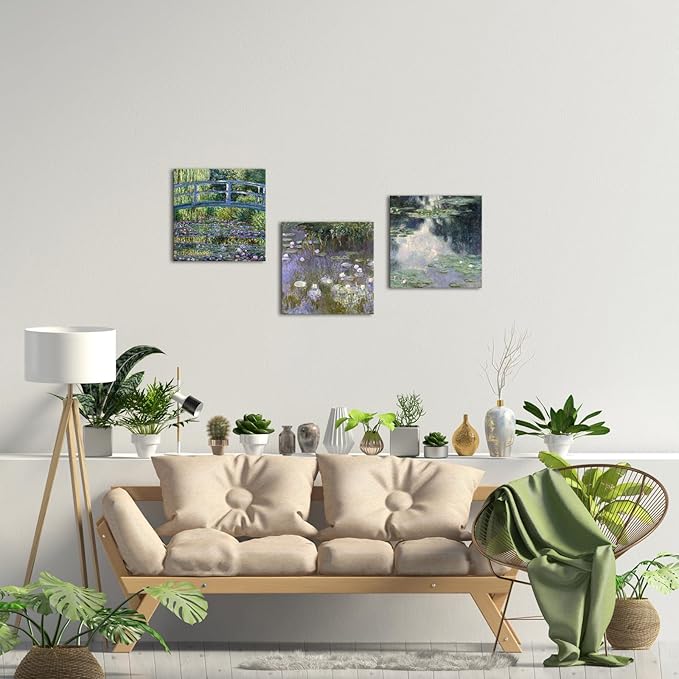 Innopics Lily Pond Canvas Wall Art Impressionist Painting Picture Natural Beauty Artwork Green Garden Classic Decoration for Bedroom Bathroom 12" x 12" x 3PCS