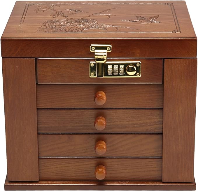 FEECOZ Wooden Jewelry Box for Women, Jewelry Storage Box with Combo Lock for Jewelries, Necklaces, Rings, Vintage Style 4-drawer Organizer Box with Mirror (Dark Brown)