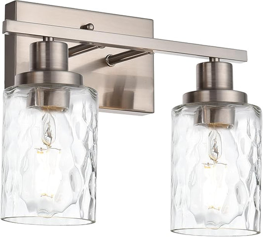 MELUCEE Indoor Wall Sconces Brushed Nickel with Clear Hammered Glass, 2-Light Modern Bathroom Vanity Light Wall Mount Lamp for Mirror Cabinets Powder Room Dressing Table (Patent No.: US D963914 S)