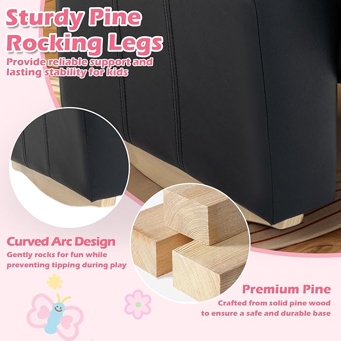 AVAWING Kids Recliner Chair with Cup Holder, Leather Toddler Recliner with Adjustable Backrest, Curved Rocking Legs and Comfy Armrests for Bedroom or Nursery (Black)