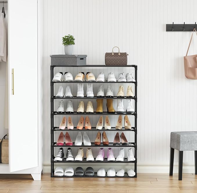 TY ARTS & CULTURE 2 Pack 8-Tiers Shoe Rack Organizer, Sturdy Metal Pipes & Durable Non-Woven Fabric, Space Saving Tall Shoe Shelf Hold 64-80 Pairs, Shoe Rack for Entryway (Black)