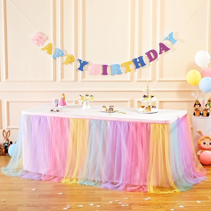Suppromo Rainbow Table Skirt for Birthday Party 6ft Unicorn Tulle Tutu Table Skirt for Baby Shower Girl Boy Gender Reveal Rainbow Tablecloth Desk Skirt for Unicorn Party Decorations(L6(ft) H 30in)
