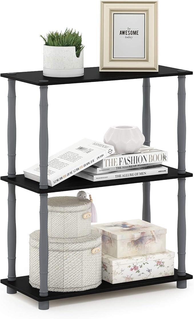 Furinno Turn-N-Tube 3-Tier Compact Multipurpose Shelf Display Rack with Classic Tube, Black/Grey
