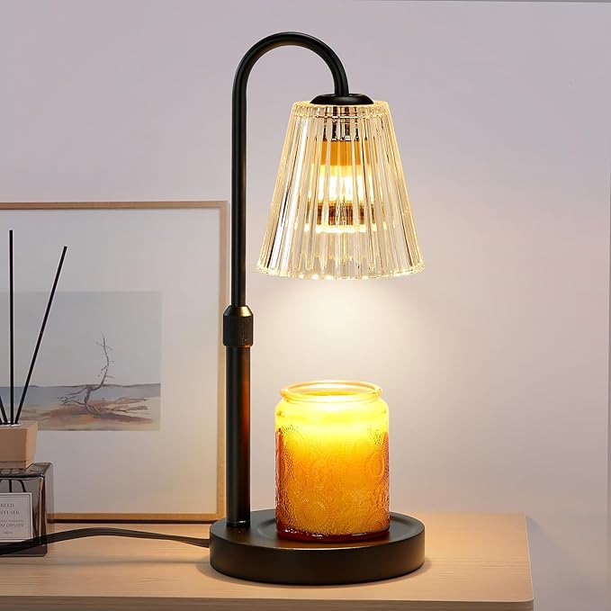 Briever Electric Candle Warmer Lamp with Timer Dimmer, Adjustable Height Wax Melter Warmer for Jar Candles, House Warming Gifts for New Home Decor, Birthday Gifts for Women, Black Wooden Base