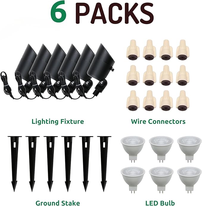Lumina Lighting® 5W Landscape Lighting 12V Landscape Lights Low Voltage Landscape Spotlights Warm White Waterproof Outdoor Replaceable LED Bulb for Garden,Lawn,Porch,Patio and Yard (Black) (6-Pack)