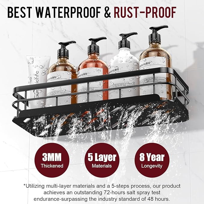 Large Capacity Shower Caddy, Heavy-Duty Adhesive Shower Organizers with Custom Aesthetic Design Soap, No Drilling Corner Shower Shelves, 5 Hooks for Bathroom Accessories, 3 Pack