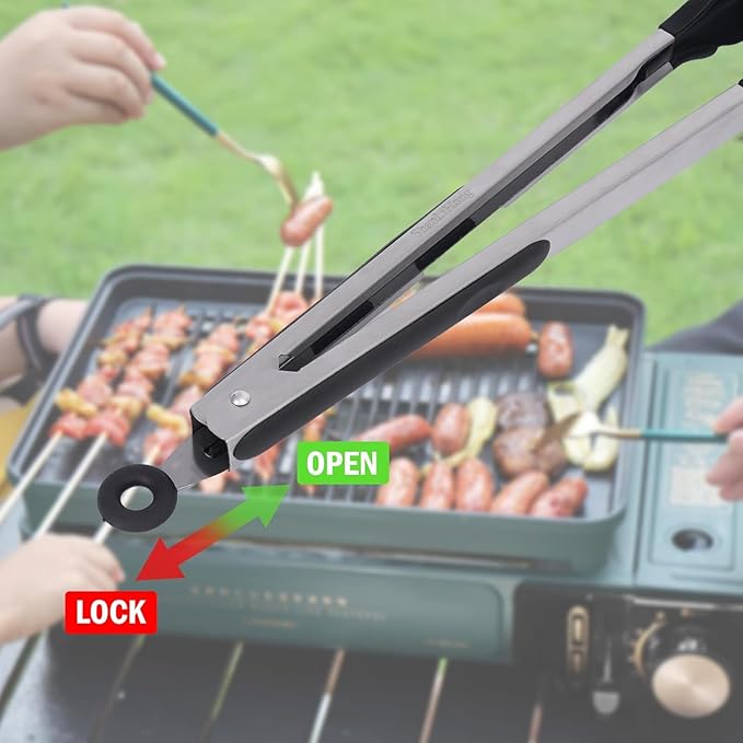 Silicone Kitchen Tongs for Cooking - 9+12 Inch Heat-Resistant Stainless Steel Cooking Tongs with Non-Slip Handle, Non-Scratch Tips for Grilling, BBQ, Salad & Air Fryer - 2-Piece Black Set