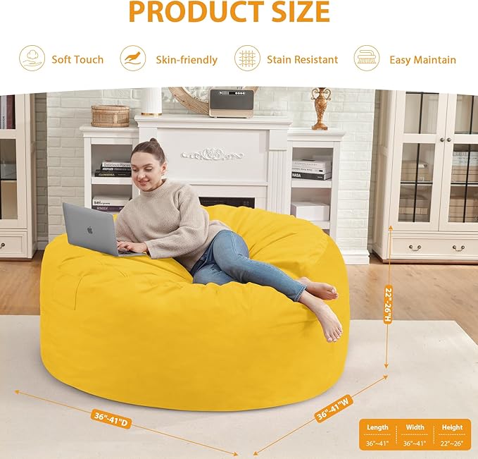 3FT Bean Bag Chair, Comfy Bean Bag Chairs with Memory Foam Filled, Fluffy Beanbag Sofa with Dutch Velvet Cover, Round BeanBag Chairs for Living Room, Playroom - Lemon
