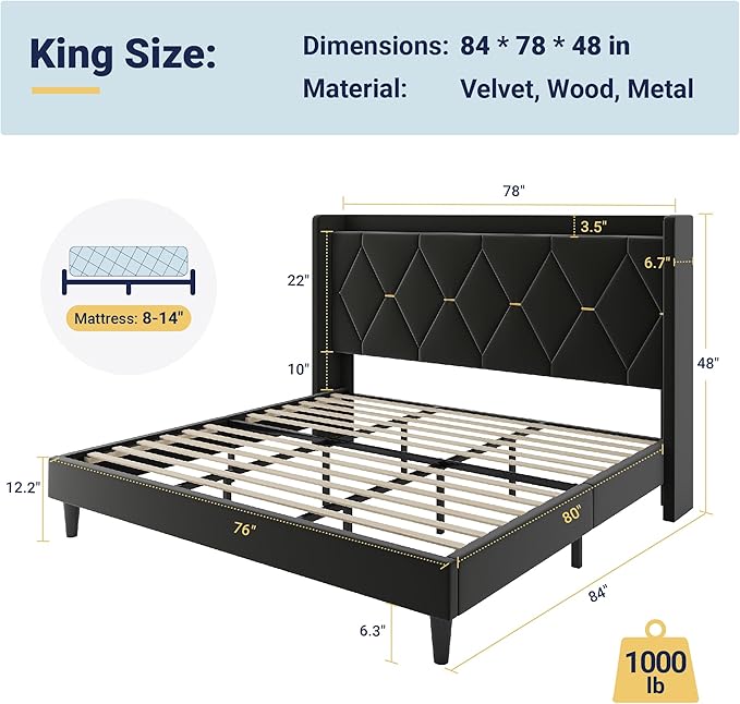 Allewie Velvet King Size Upholstered Bed Frame with Wingback Storage Headboard & Charging Station, Platform Bed with Diamond Tufted Design & Gold Trim, No Box Spring Needed, Easy Assembly, Black