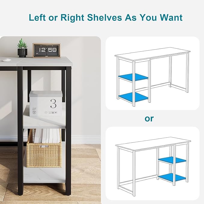 SINPAID Computer Desk 40 inches with 2-Tier Shelves Sturdy Home Office Desks with Large Storage Space Modern Gaming Desk Study Writing Laptop Table, Black Marbling (White Marble, 40 inch)