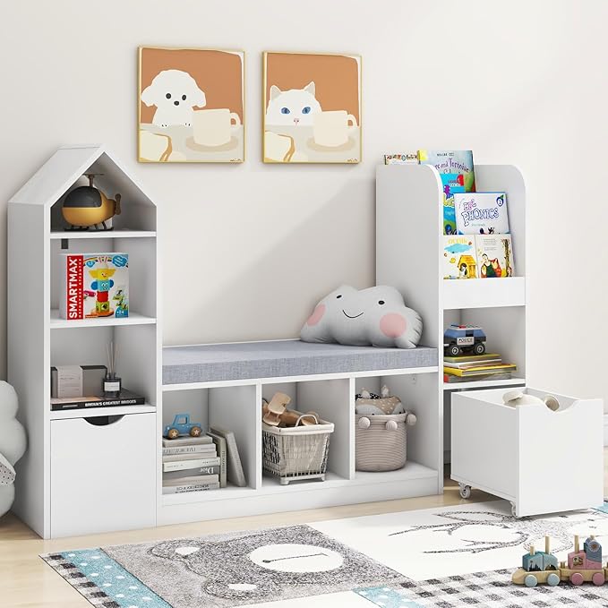 Kids Bookcase and Bookshelf with Reading Nook, Toy Storage Organizer for Kids, White Bookcase with 7 Storage Cubbies 2 Movable Drawers and Seat Cushion for Children's Room, Playroom