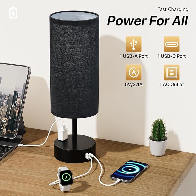 KPQ Small Bedside Lamp Touch Control Table Lamp with USB A+C Charging Ports & AC Outlet 3-Way Dimmable Nightstand Lamp with Linen Fabric Shade for Bedroom Living Room
