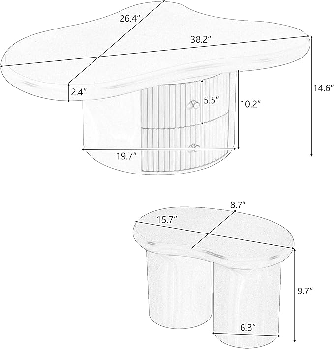 WILLIAMSPACE 38.2" Cloud Coffee Table Set of 3, Modern Irregular Shape Coffee Table with 2 Drawers & 2 Small Stools, Storage Center Table Accent Side End Table for Living Room Apartment, White