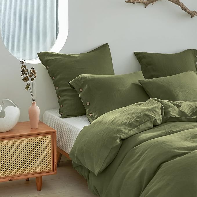 Simple&Opulence 100% Washed Linen Euro Sham Cover, 26 x 26 Inch, Decorative Bed Pillow Cover with Coconut Button, Solid Color Pillow Shams Set of 2 (Olive Green)