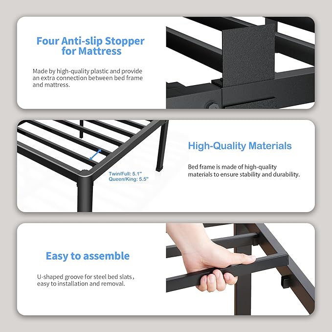 ROIL 18 Inch Queen Bed Frame with Rounded Corner and Headboard Hole Mattress Retainers 3500LBS Metal Heavy Duty Steel Slats No Box Spring Needed Platform Noise-Free Easy Assembly