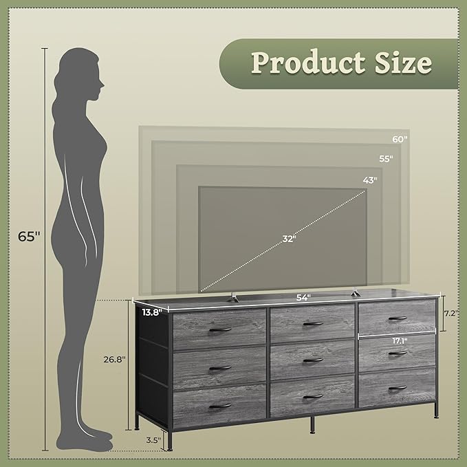 Huuger Long Dresser for Bedroom, 55 Inch TV Stand for 55, 60 Inch TV, Entertainment Center with Drawers, Large Storage Fabric 9 Drawer Dresser, Closet, Grey