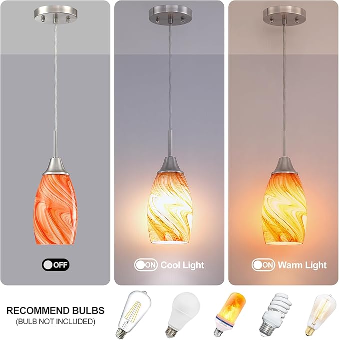 Mini Glass Pendant Light 4.72" with Handblown Orange Marble Art Glass Hanging Light 3-Pack Oval Ceiling Hanging Light Fixture for Dining Room Kitchen Island Cafe Foyer Hallway