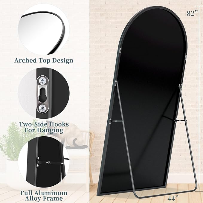 Full Length Mirror with Stand, 82"x44" Arched Full Body Mirror, Large Stand Up Mirrors, Aluminum Frame Floor Standing Mirrors, Freestanding Hanging Leaning Mounted for Bedroom Living Room Black