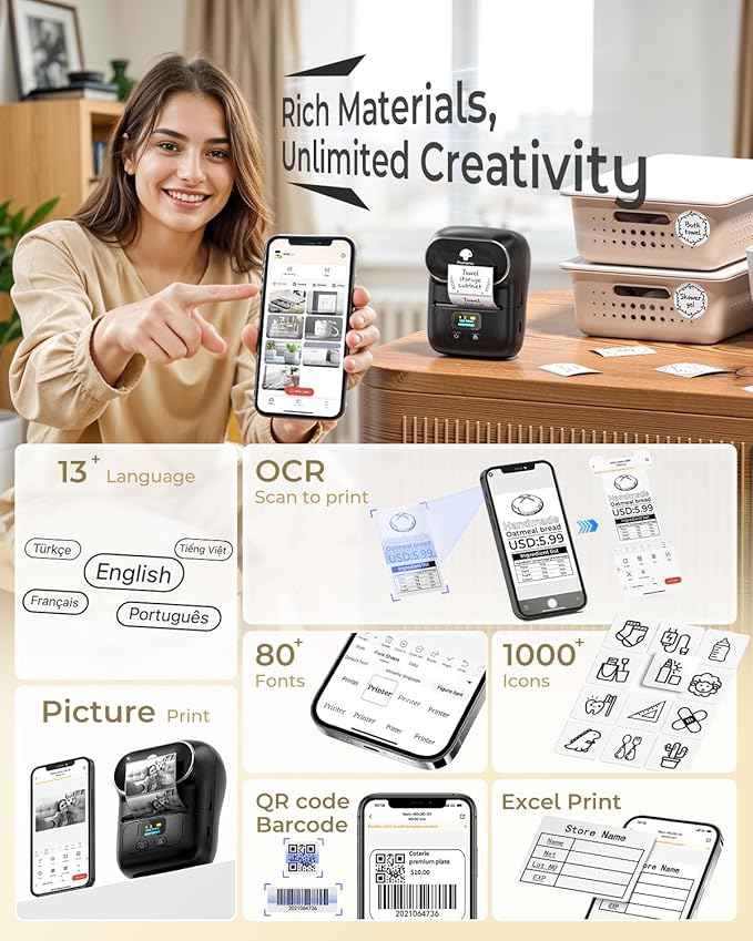 Phomemo M110 Label Maker - M110 Barcode Label Printer Portable Bluetooth Maker Machine with Tape for Name Labels, Small Business, Address, Logo, Clothing Price Tag, Mailing, with 40x30mm Label, Black