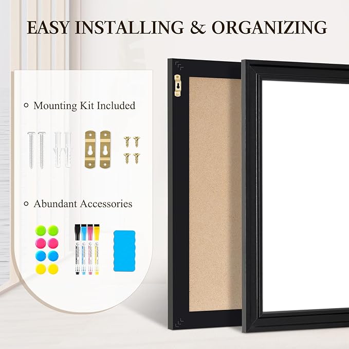 4 THOUGHT Dry Erase Board, 18 x 24 in Magnetic Whiteboard Black Vintage Wood Frame Wall-Mounted White Board Decorative Notice Board for School, Office, Home, Kitchen with 6 Magnets 4 Markers 1 Eraser
