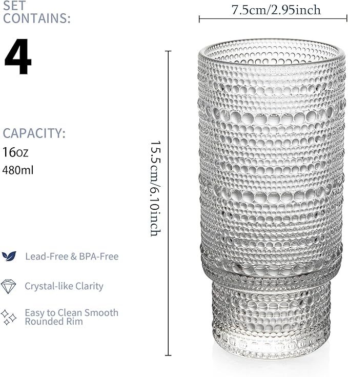 4 Pack Vintage Glassware Drinking Glasses Set, 16 oz Hobnail Glassware, Embossed Clear Water Tumbler, Cocktail Glass Cups for Kitchen and Bar, Perfect for Juice, Iced Coffee, Whiskey, Beer