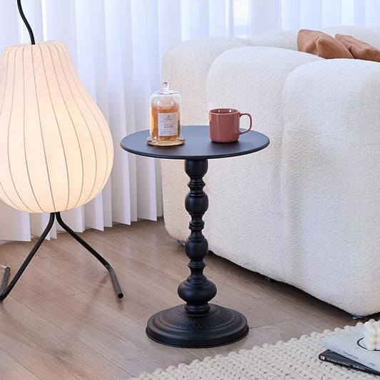 Elegant Vintage Round Side Table with Roman Columns - Sturdy Metal Design, Perfect as a Coffee, End, Tea, or Leisure Table for Living Room and Bedroom Decor ,21 (H) *11.8 (W) (Black Small -1 piece)