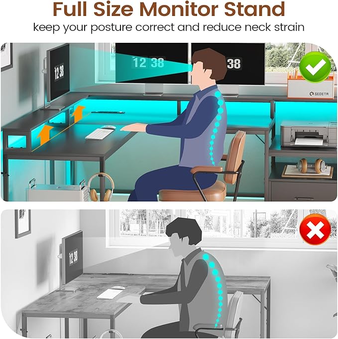 SEDETA L Shaped Gaming Desk, 66" Home Office Desk with File Drawer & Power Outlet, Corner Gaming Computer Desk with Led Lights, Monitor Shelf and Printer Storage Shelves, Two Person Desk, Black
