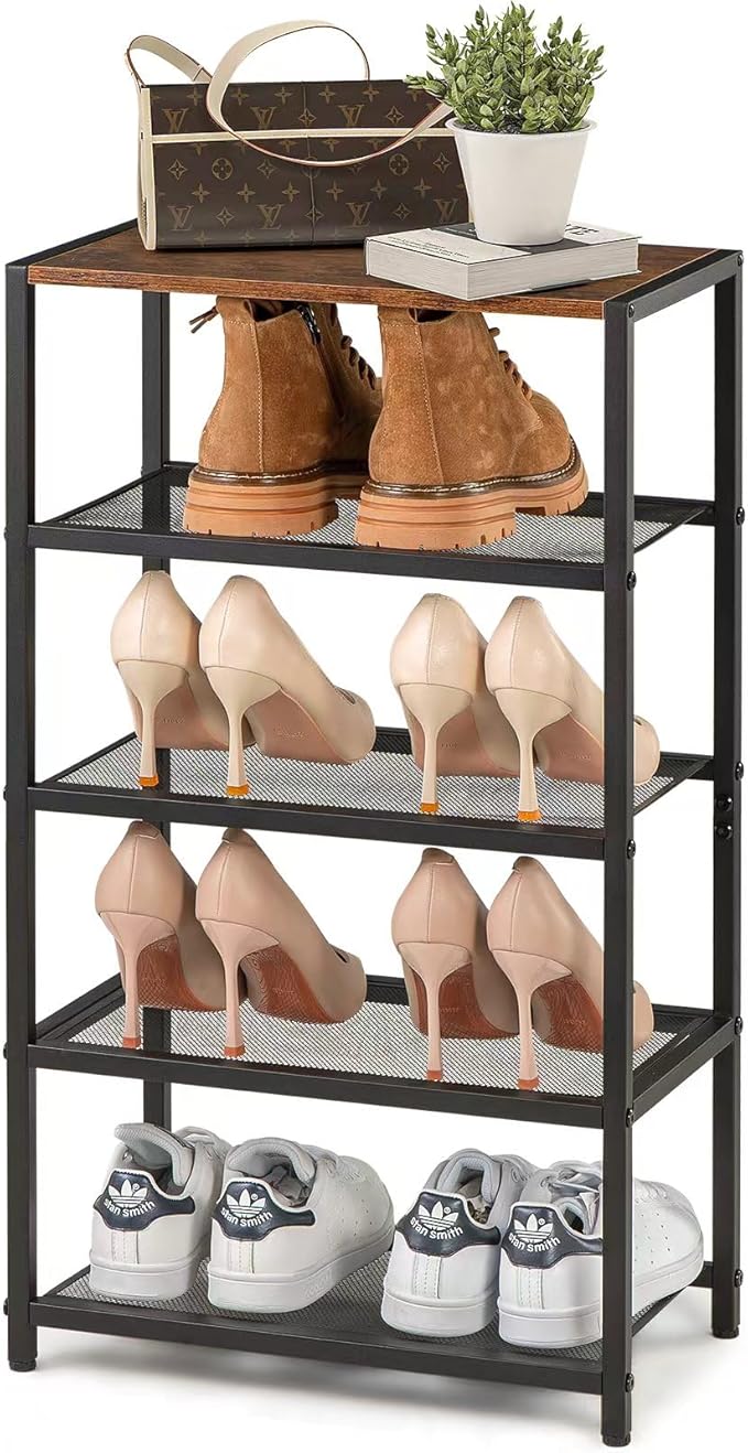 Metal 5 Tier Shoe Rack for Front Door Entrance, Entryway, and Closet Shoe Organizer with 4 Sturdy Metal Mesh Shelves and Wooden Top, Holds 10 Pairs, Ideal for Storage or Display