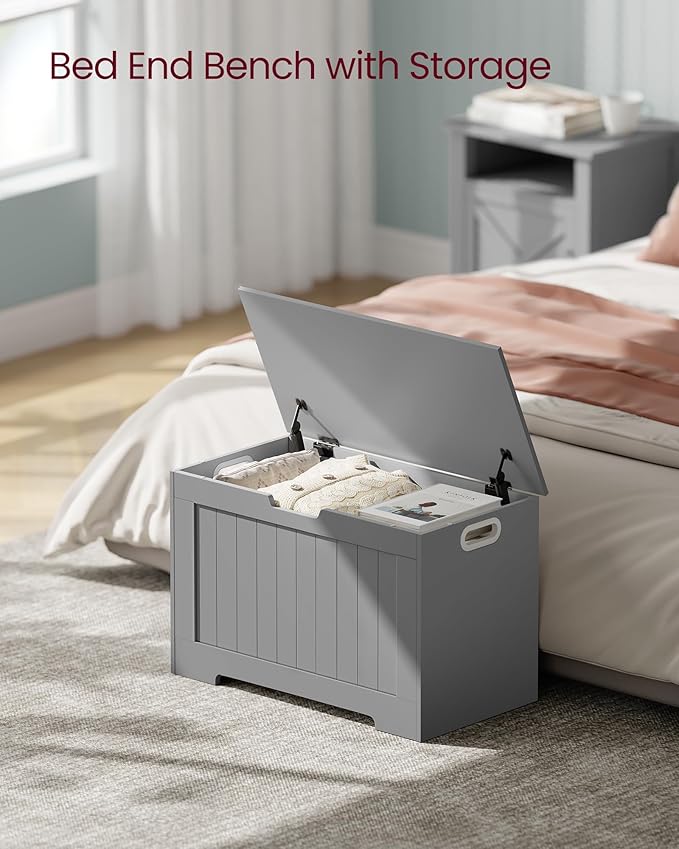 VASAGLE Storage Chest, 29.9 Inches Width Storage Bench, Entryway Bench with 2 Safety Hinges, Shoe Bench, Farmhouse Style, for Entryway, Bedroom, Living Room, Dove Gray ULHS011G01