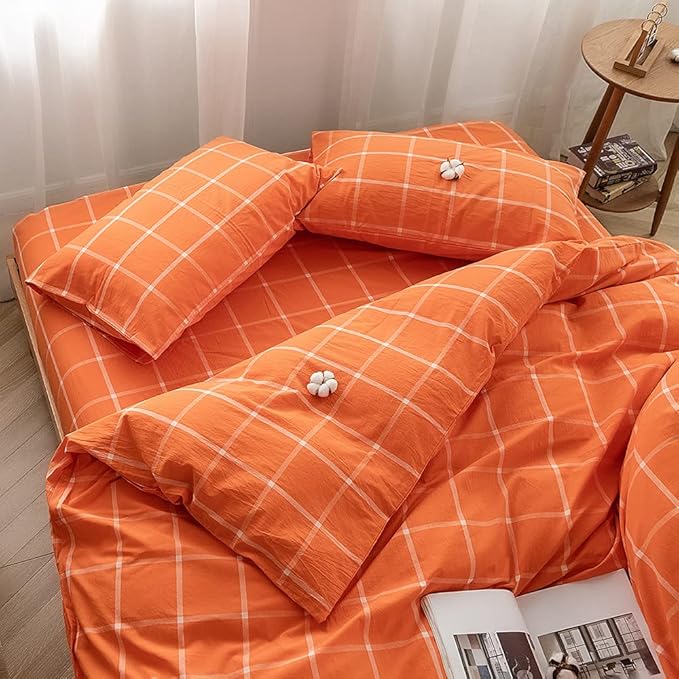 FACE TWO FACE Bedding Duvet Cover Set 3 Pieces 100% Washed Cotton Duvet Cover Linen Like Textured Breathable Durable Soft Comfy (King, Orange Grid)