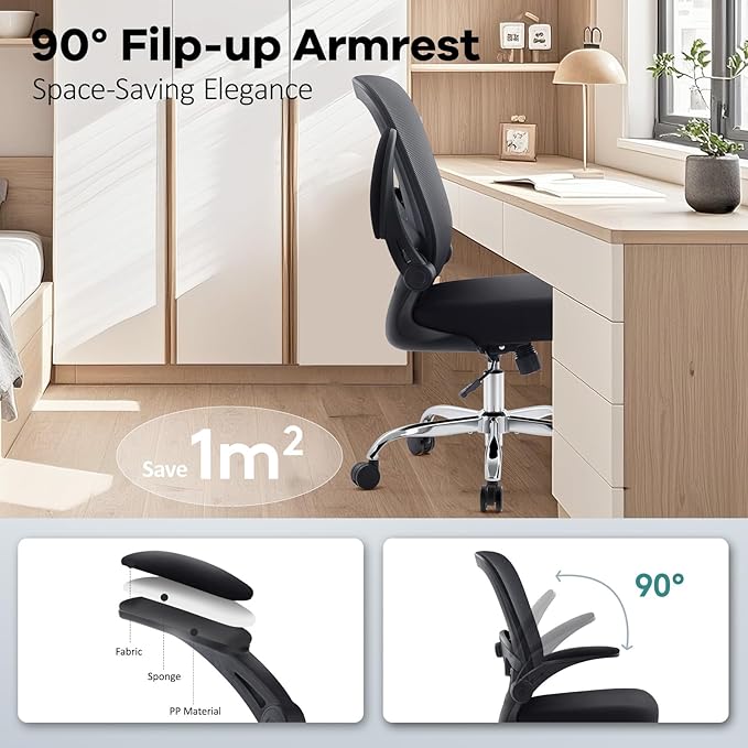 Office Chair,Ergonomic Desk Chair with Adjustable Lumbar Support, Mesh High Back Computer Chair with Flip-up Armrests,Rocking Tilt Rolling Swivel Executive Chair for Home Office Black