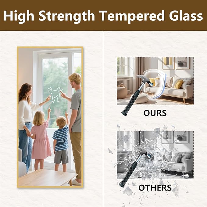 Koonmi 65"x24" Floor Mirror Full Length, Bedroom Floor Body Mirror with Stand, Large Gold Mirror, Leaning, Standing or Hanging Horizontally/Vertically