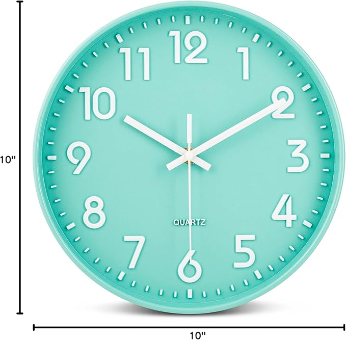 Bernhard Products Seafoam Green Wall Clock 10 Inch, Silent Non-Ticking, Quality Quartz 3D Numbers Battery Operated Round Pretty Clock for Kitchen/Office/Kids Bedroom/Baby Nursery Room