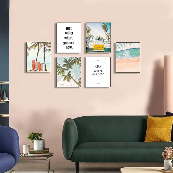 HoozGee Beach Wall Art Prints Set of 6 Summer Seascape Palm Poster Wall Decor Nature Landscape Coastal Surf Art Prints Pictures Photography Photos Print on Canvas Wall Decor (8"x10" UNFRAMED)