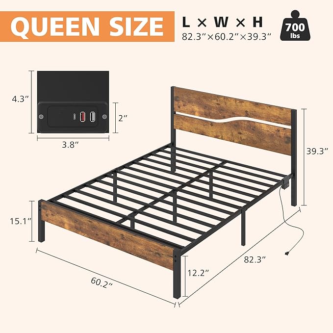 VECELO Queen Size Platform Bed Frame with USB Charging Station and Wood Storage Headboard, Heavy Duty Metal, Large Storage, Noise-Free, No Box Spring Needed, Easy Assembly, Rustic Brown