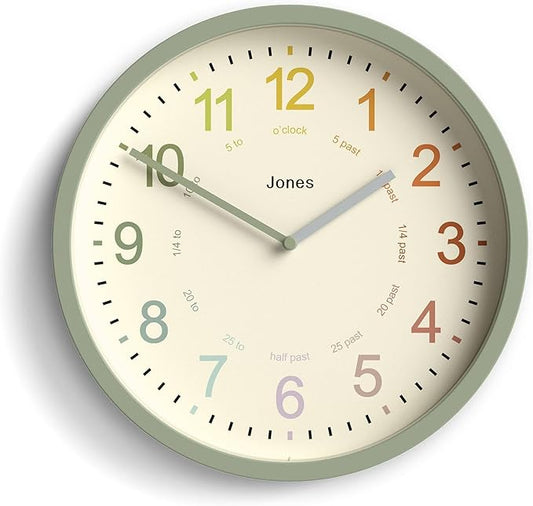 JONES CLOCKS® Kids Wall Clock | Small Modern Children’s Clock | 10 inch | Sage Green | Colourful Numbers | Learn to Tell The time