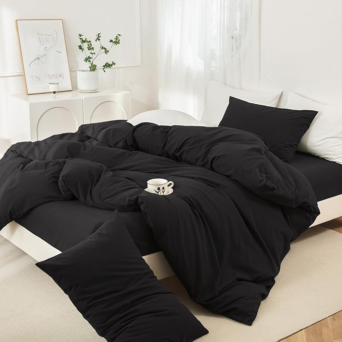 JIYUAN 100% Washed Cotton Duvet Cover Set 2 Pieces Twin, 1 Duvet Cover 68x90 Inches(Comforter Not Included) and 1 Pillowcases,Linen Feel Bedding Set Comfy and Breathable,Black