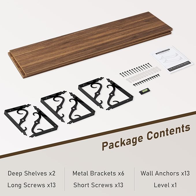 Deep Floating Shelves, 48" W x 12" D Wall Shelves Set of 2, Wide Display Shelf Wall Mounted with Brackets, Bookshelf for Living Room, Bathroom, Bedroom, Walnut