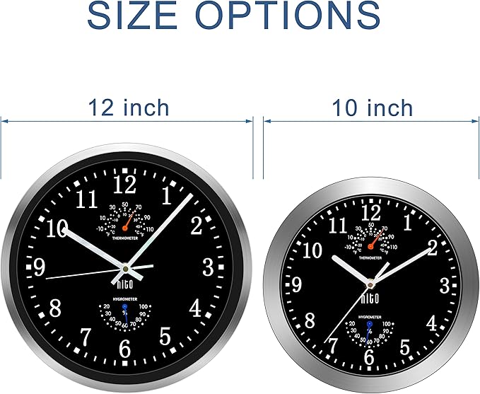 HITO 12 Inch Silent Wall Clock Battery Operated Non Ticking Glass Cover Silver Aluminum Frame, for Kitchen, Bedroom, Home Office, Living Room Decor (12" Black)