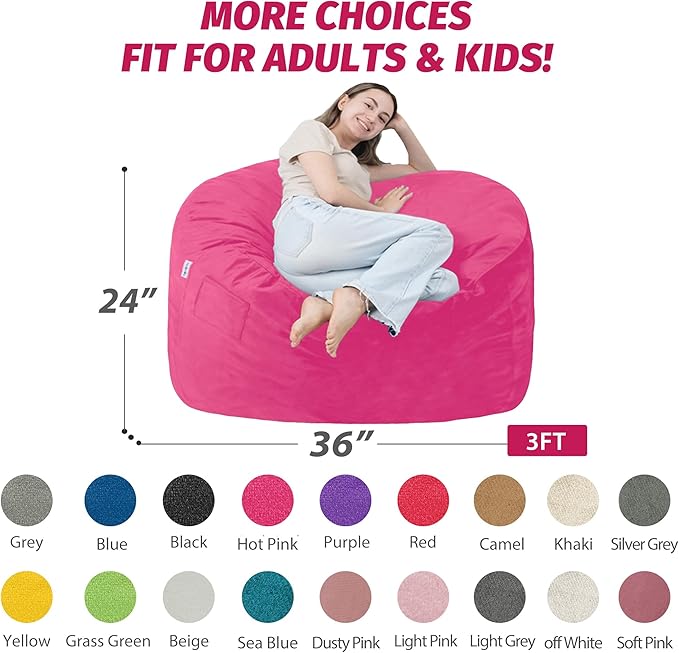 3FT Bean Bag Chair with Ultra Soft Velvet Cover Bean Bag Sofa with Memory Foam Bean Bag Chairs with Large Size Lazy Sofa for Dorm Office Living Room Bedroom Hot Pink 3'