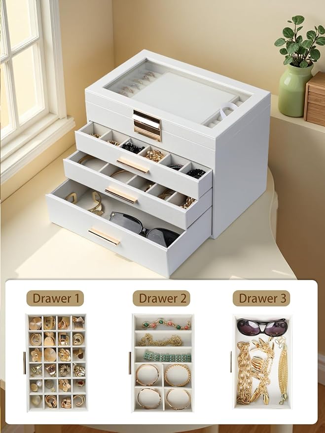 BOOVO Jewelry Boxes for Women, White and Black 4 Layer Large Jewelry Box for Necklace, Bracelet, Earrings, Rings Storage, Jewelry holder Organizer for Girls Gift (Clear White, 4 layer)