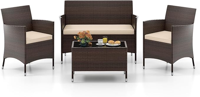 Tangkula 4-PCS Patio Rattan Conversation Set, Outdoor Wicker Furniture Set with Tempered Glass Coffee Table &Thick Cushion, Rattan Chair Wicker Set for Garden, Lawn, Poolside and Backyard (1, Brown)
