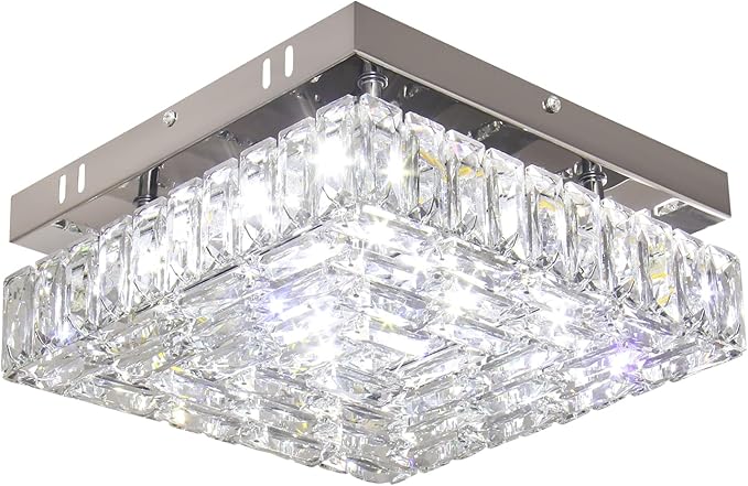10.6" Crystal Ceiling Light Modern Crystal Chandelier LED Flush Mount Ceiling Light Fixture Mini Square Chandeliers for Bedroom Hallway Kitchen Foyer (Cool White)