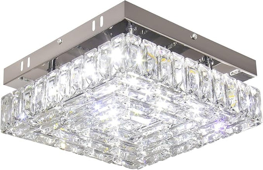 10.6" Crystal Ceiling Light Modern Crystal Chandelier LED Flush Mount Ceiling Light Fixture Mini Square Chandeliers for Bedroom Hallway Kitchen Foyer (Cool White)