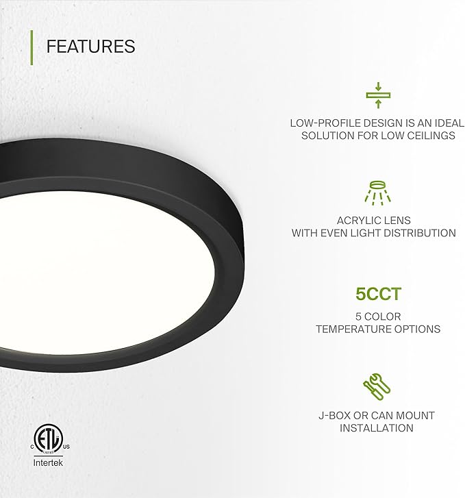 ASD LED 5" Round Flush Mount Ceiling Light Fixture, Low Profile Surface Lighting | 5CCT, Dimmable, Ultra-Thin, ETL Listed | 10W 700LM 2700-6000K 120V | Kitchen, Bedroom, Hallway Lamp | Black, 12 Pack