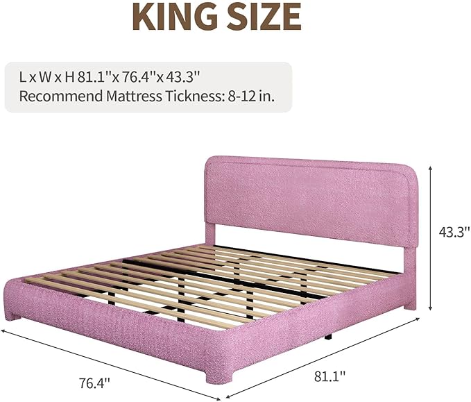 BarnFurin King Size Boucle Bed Frame and Headboard, Cloud Upholstered Platform Bed Frame, Soft Rounded Corners, Modern Style, No Box Spring Required, Easy Assembly, Rose Pink