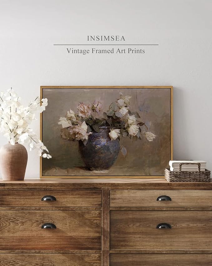 InSimSea Framed Canvas Wall Art Vintage Decor, Room Decor Large Artwork for Wall Roses Floral Paintings Framed Wall Art Prints for Office Kitchen Bathroom Decor, 16"x24"