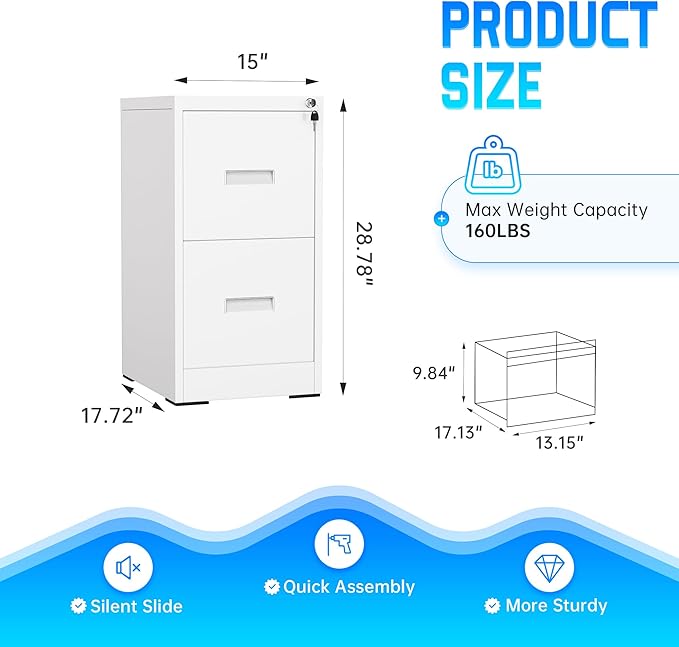 Greenvelly 18" D File Cabinet, 2 Drawer Filing Cabinet with Lock, Locking Vertical File Cabinet for Home Office, White Metal File Cabinet for Hanging Letter/Legal Folders, Easy Assemble