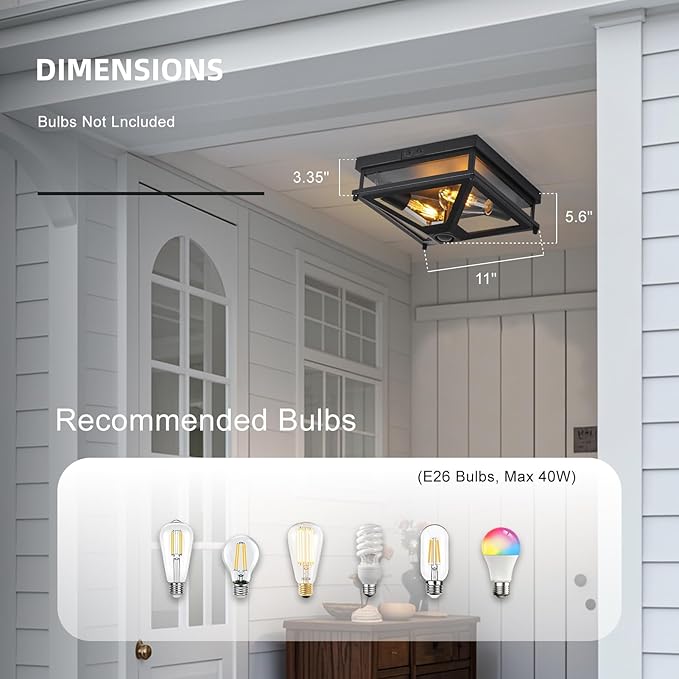 Motion Sensor Outdoor Flush Mount Ceiling Light, Modern Farmhouse Ceiling Lights with Clear Glass, Matte Black Industrial Iron Light Fixtures for Entryway Garage Hallway Patio Porch
